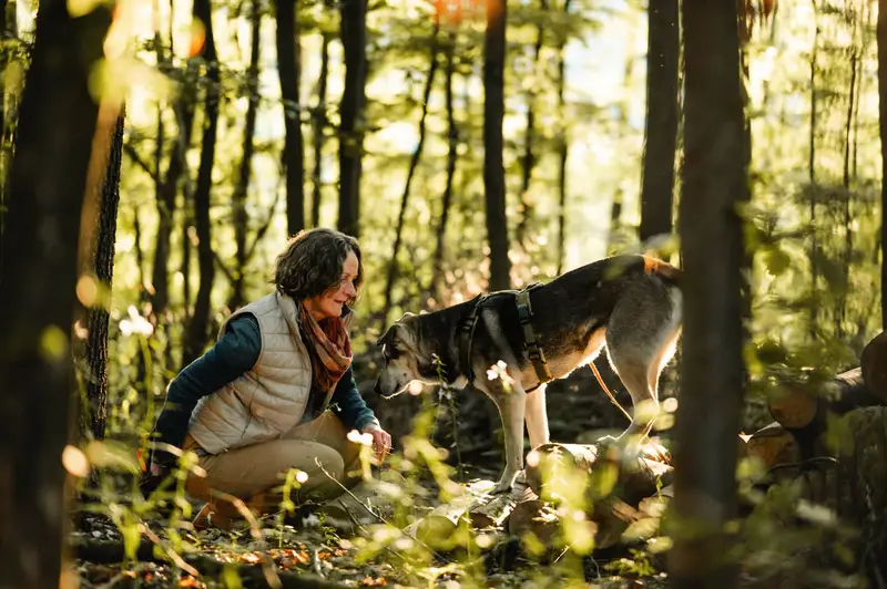 Almut hockt im sonnigen Wald neben ihrem Hund, der an einem Holzstapel schnuppert